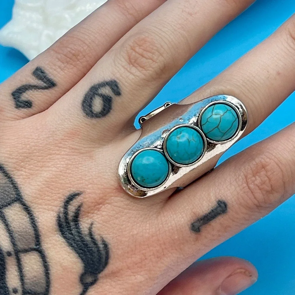 Three Stone Turquoise Silver Tone Stretch Ring Boho‎ Western Cowgirl Festival